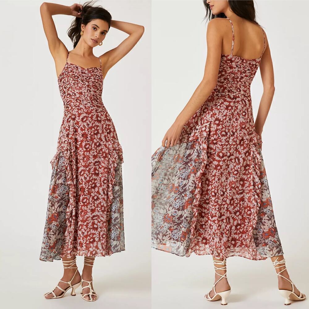 NEW ANTHROPOLOGIE LET ME BE TERRACOTTA FLORAL SLEEVELESS RUFFLED MIDI DRESS XS